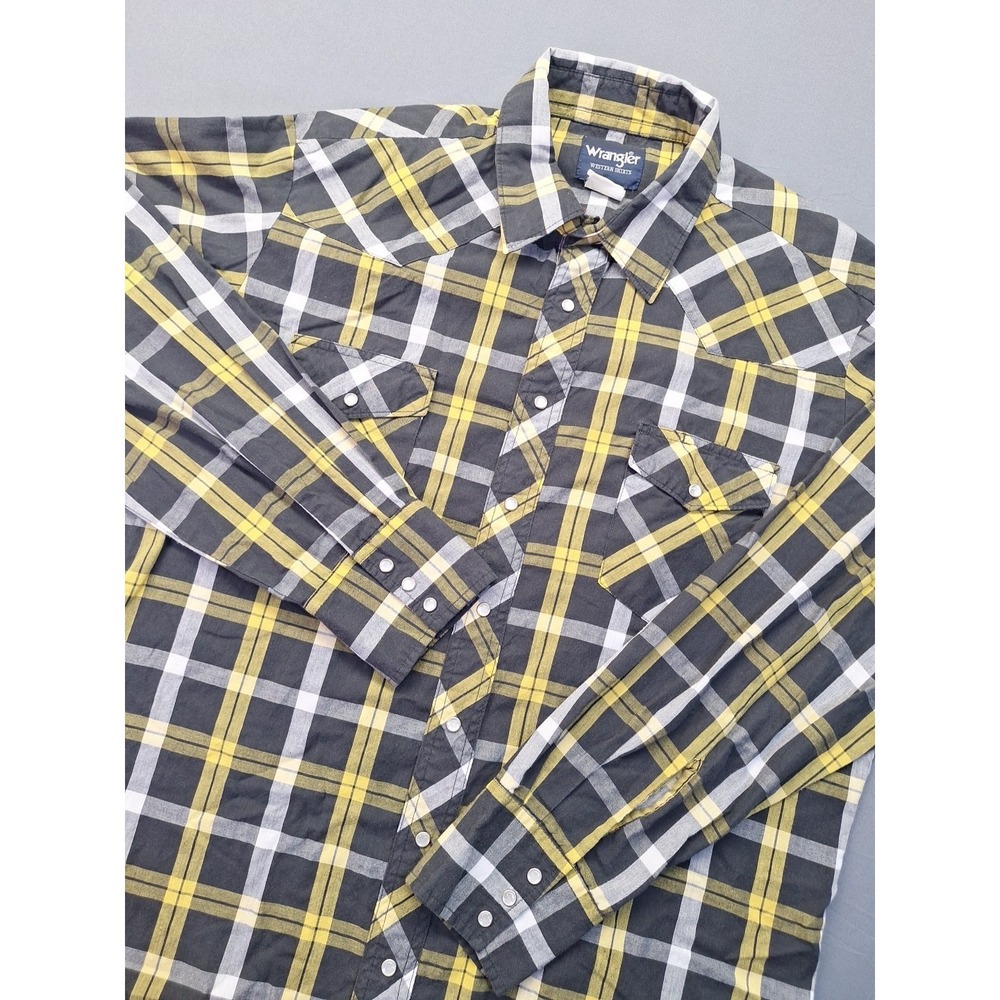 Vintage Wrangler Western Shirt XLT Black Yellow Plaid Pearl Snap Cowboy Rodeo
